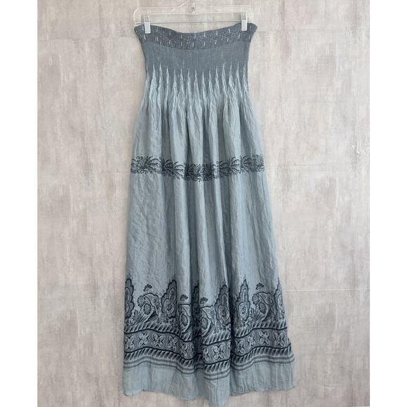 Lapis Anthropologie Dress One Size Maxi Blue Smocked Organza Boho Strapless - Picture 2 of 16